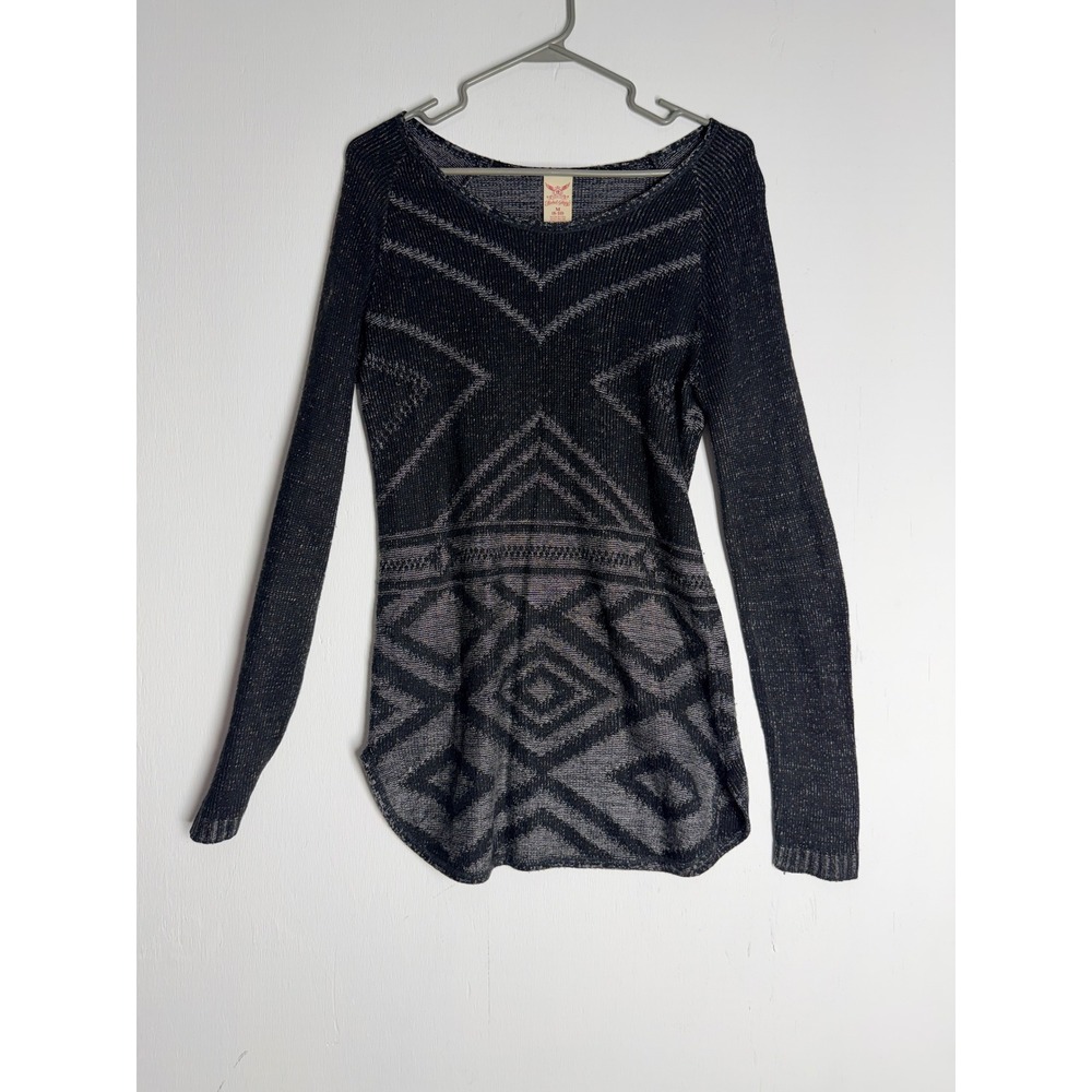 Faded Glory Womens M 8-10 Gray Black Geometric Tribal Knit Tunic Sweater Top
